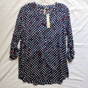 Grand & Greene Navy Roll Tab Split Neck Top S